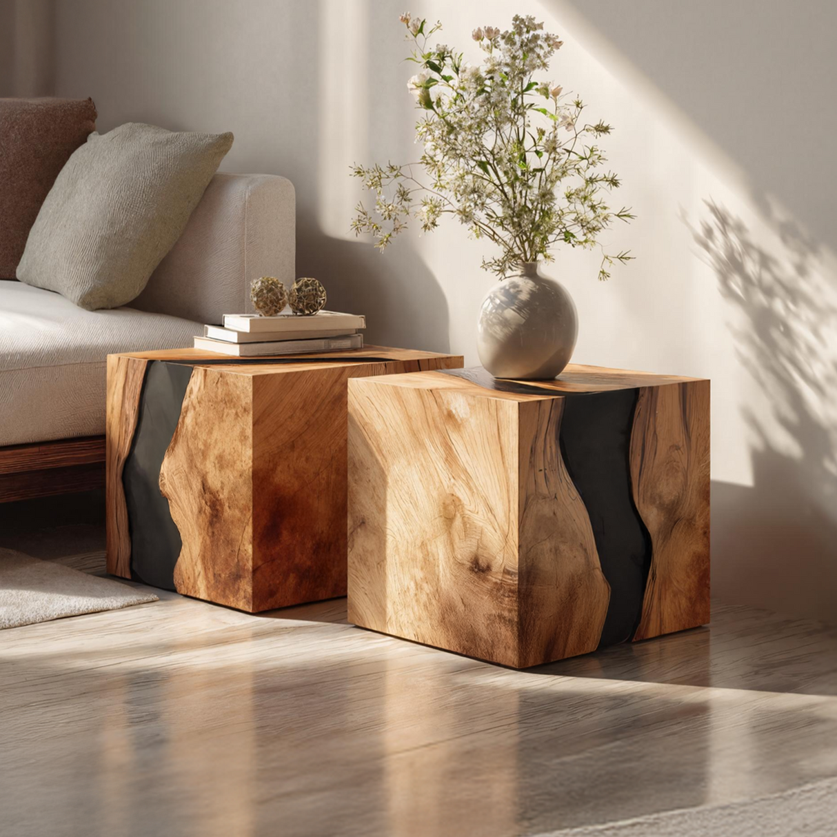 Handcrafted Solid Wood Cube Table For Natural Decor Home