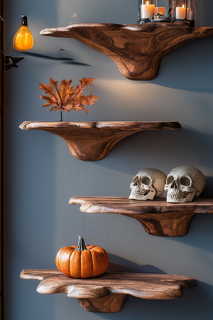Mid Century Wooden Mushroom Shelf For Halloween Living Room