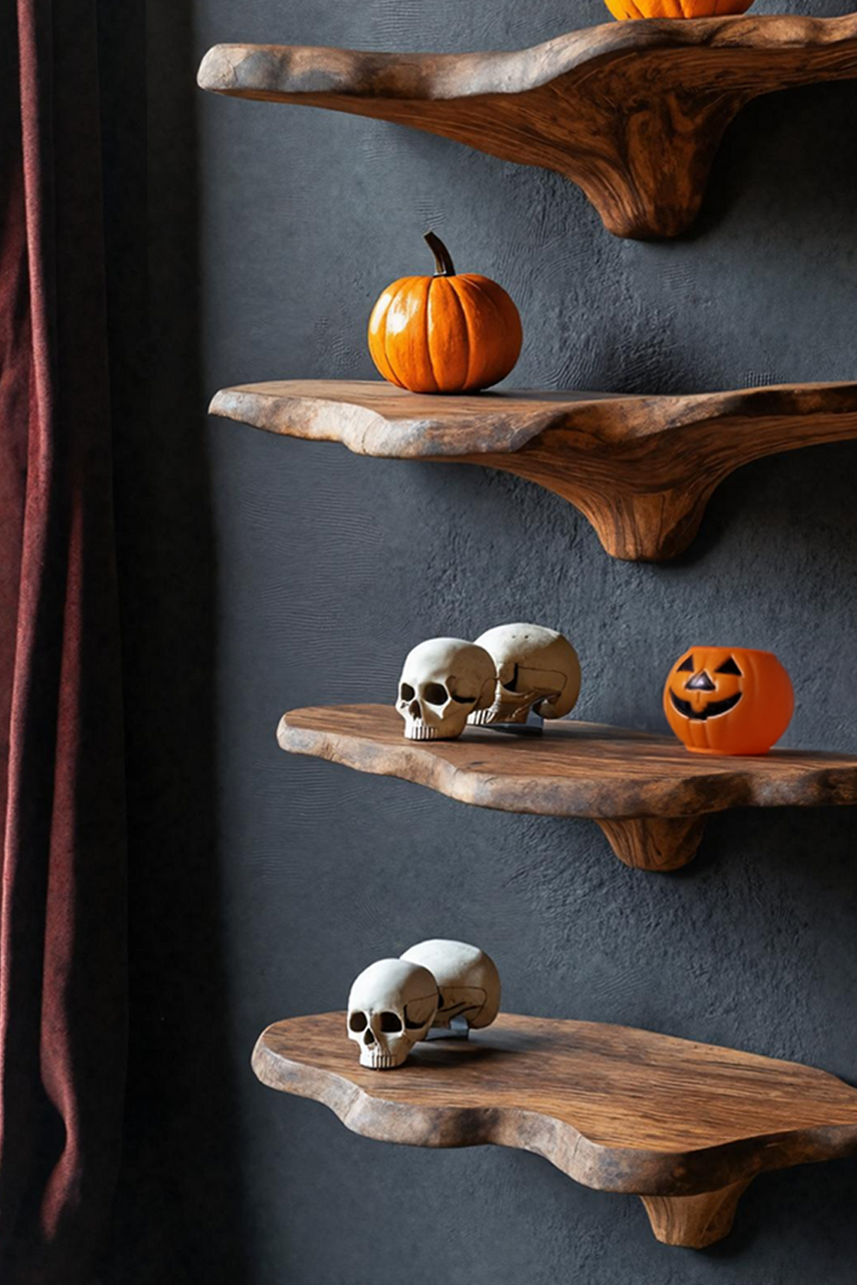 Mid Century Solid Wood Mushroom Shelf For Halloween Wall Design