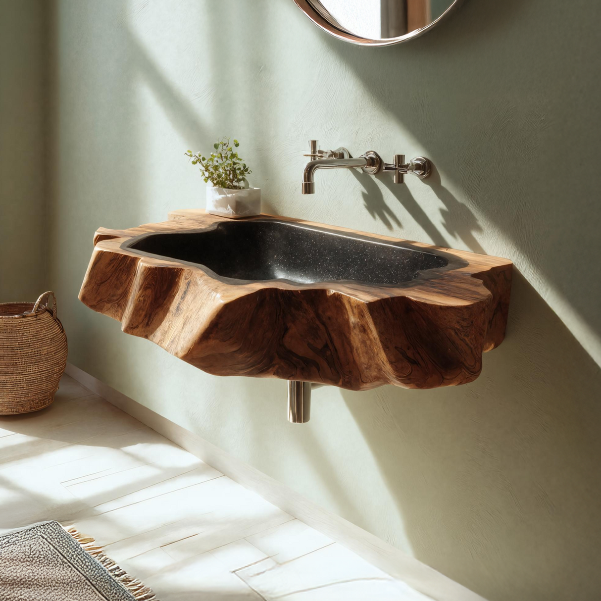 Handcrafted Wooden Wall Mounted Bathroom Sink For Natural Decor