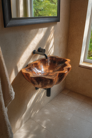 Handcrafted Solid Wood Wash Basin For Artistic Bathroom Interior Decor