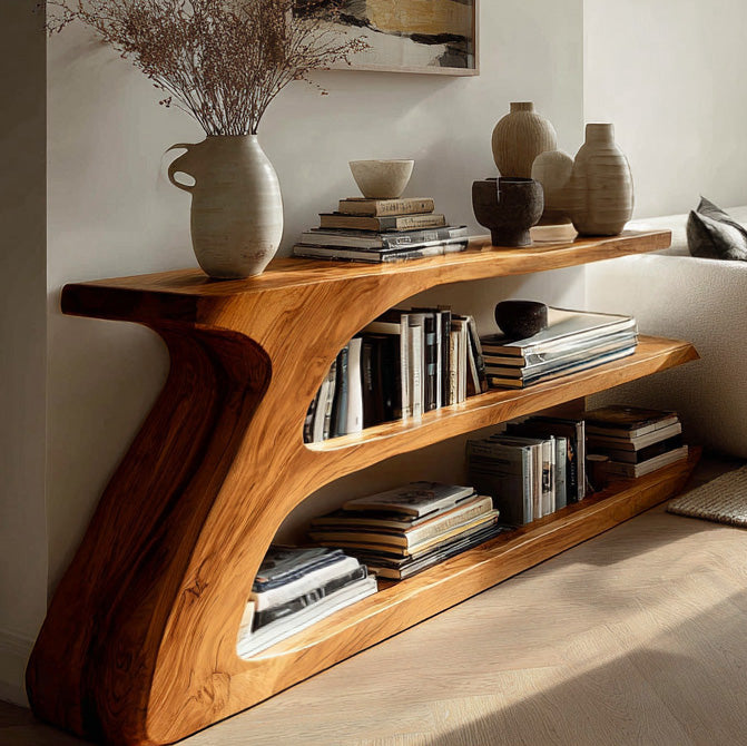 Modern Organic Wood Console Table With Shelf For Living Room