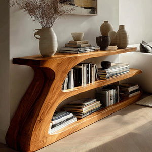 Modern Organic Wood Console Table With Shelf For Living Room