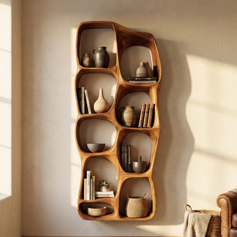 Modern Sculptural Wooden Wall Mounted Shelf For Living Room